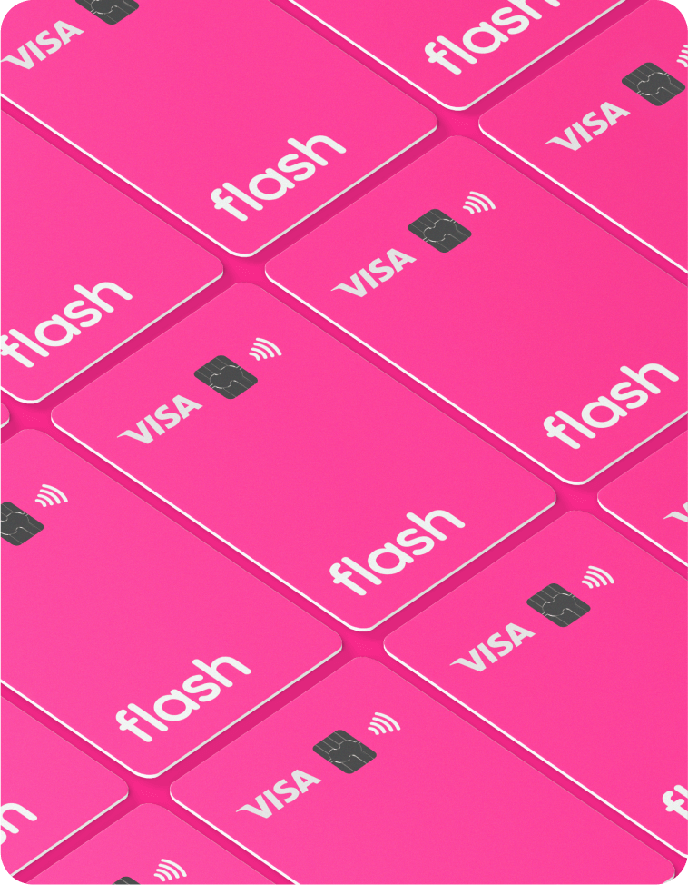 Mosaico formado por vários cartões rosa de benefícios flexíveis da Flash, exibindo o logo da Visa.